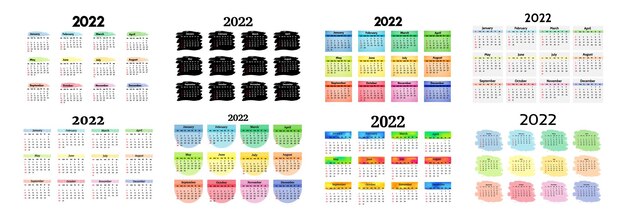 Vector conjunto de ocho calendarios verticales para 2022 aislado en un fondo blanco. de domingo a lunes, plantilla de negocios. ilustración vectorial