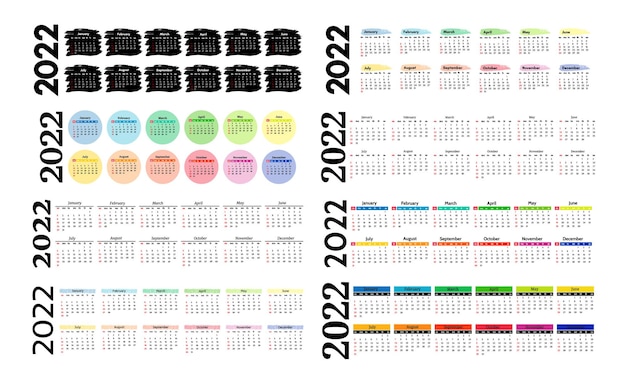 Conjunto de ocho calendarios verticales para 2022 aislado en un fondo blanco. De domingo a lunes, plantilla de negocios. Ilustración vectorial