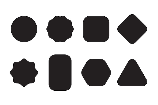Conjunto de ocho formas geométricas negras vectoriales únicas aisladas sobre un fondo blanco