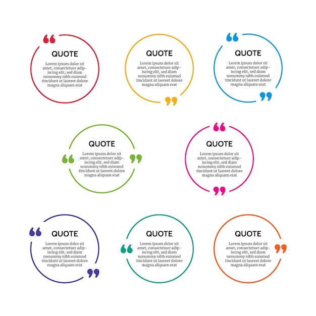 Conjunto de ocho marcos de cuadro de cotización redondos multicolores aislados sobre fondo blanco. Ilustración vectorial