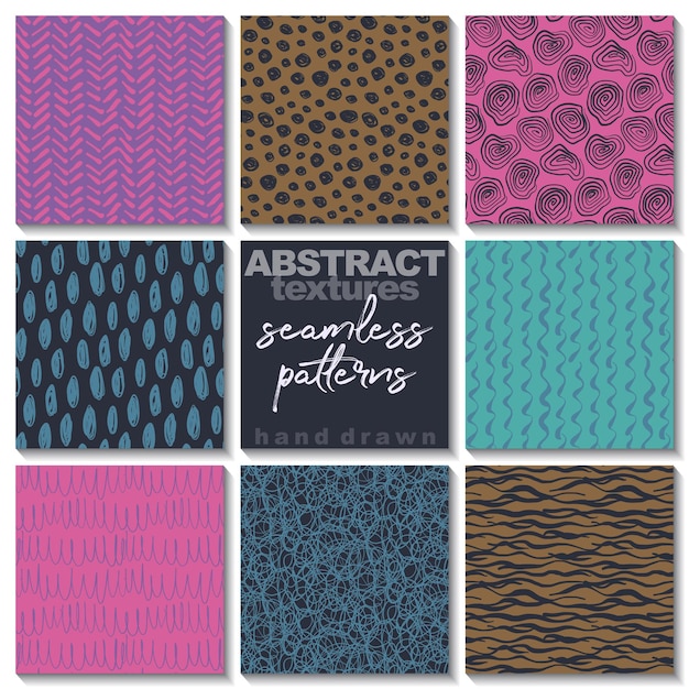 Conjunto de ocho patrones sin fisuras abstractos dibujados a mano. Infinitos fondos vectoriales coloridos de texturas ásperas primitivas simples con puntos, rayas, ondas.