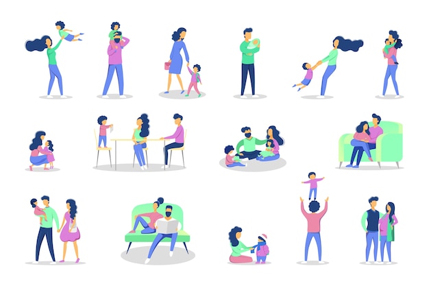 Conjunto de ocio familiar con diversas situaciones. Niña y niño divirtiéndose con mamá y papá. ilustración