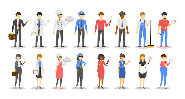 Conjunto de ocupación de hombre y mujer. Trabajador en varias colección de uniformes. Chef, policía, gerente y médico. Grupo de personaje masculino. Recogida de personal.