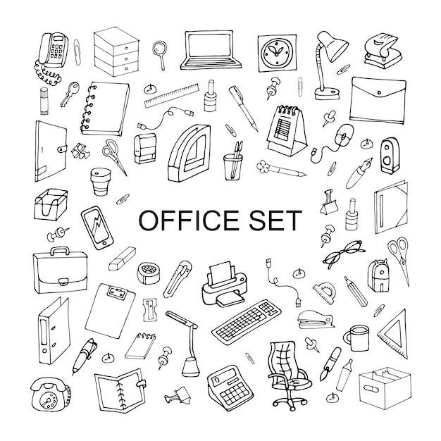 conjunto de oficina de ilustración vectorial en blanco y negro en estilo doodle