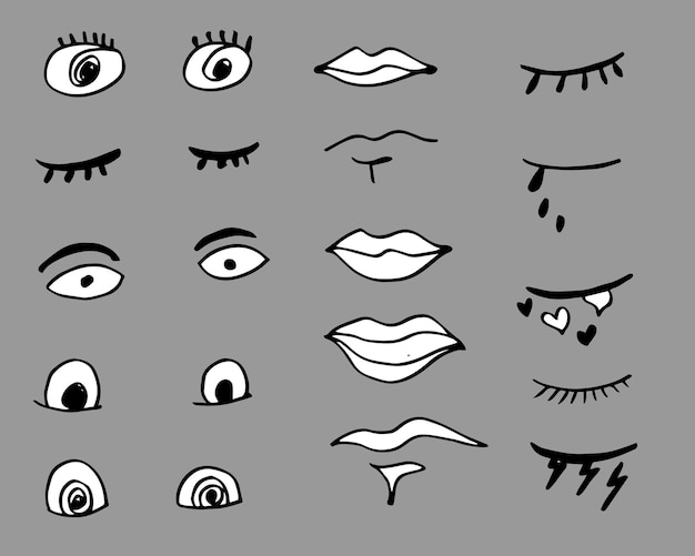 Conjunto de ojos y boca garabateados Iconos vectoriales en blanco y negro