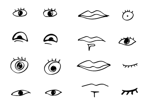 Conjunto de ojos y boca de garabato. Iconos vectoriales en blanco y negro.