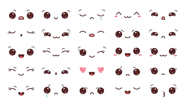 Conjunto de ojos y bocas kawaii con diferentes emociones Vector