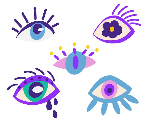 Conjunto de ojos colección de malvados ojos griegos y esotéricos Ra turcos de diferentes formas resaltados en un fondo blanco Elementos coloridos de clarividencia Ilustración de catroon vectorial