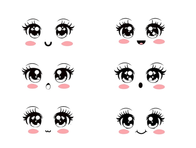 Un conjunto de ojos de dibujos animados bonitos un conjunto de expresiones faciales kawaii