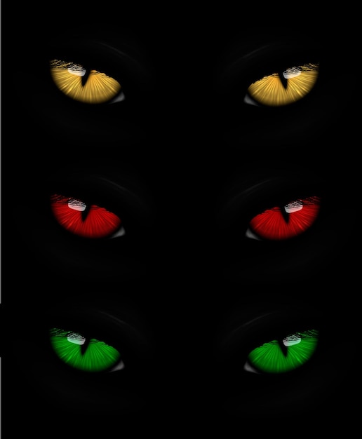 Vector conjunto de ojos de gato en rojo, amarillo y verde.