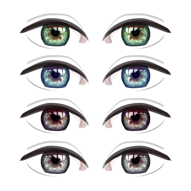 Conjunto de ojos vectoriales aislado sobre fondo blanco. Colección de iris de ojos verdes, azules, marrones y grises eps10