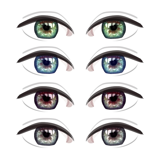 Vector conjunto de ojos vectoriales aislado sobre fondo blanco. colección de iris de ojos verdes, azules, marrones y grises eps10