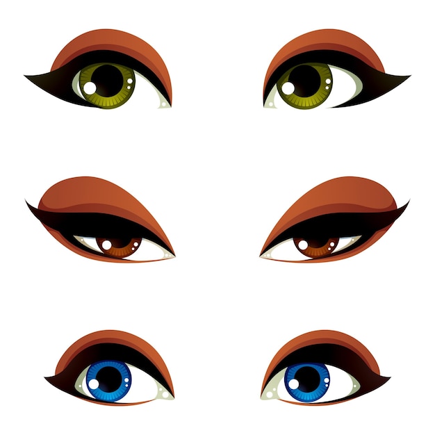 Vector conjunto de ojos vectoriales azules, marrones y verdes. ojos femeninos que expresan diferentes emociones, rasgos faciales de mujeres seductoras.