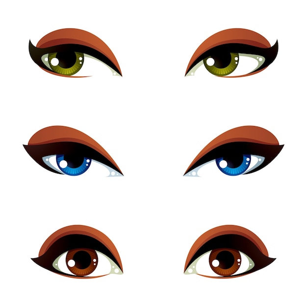 Vector conjunto de ojos vectoriales azules, marrones y verdes. ojos femeninos que expresan diferentes emociones, rasgos faciales de mujeres seductoras.