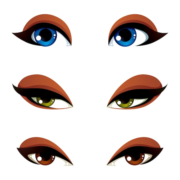 Vector conjunto de ojos vectoriales azules, marrones y verdes. ojos femeninos que expresan diferentes emociones, rasgos faciales de mujeres seductoras.