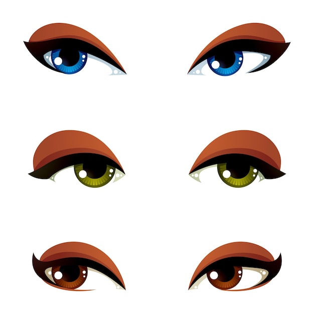 Conjunto de ojos vectoriales azules, marrones y verdes. Ojos femeninos que expresan diferentes emociones, rasgos faciales de mujeres seductoras.