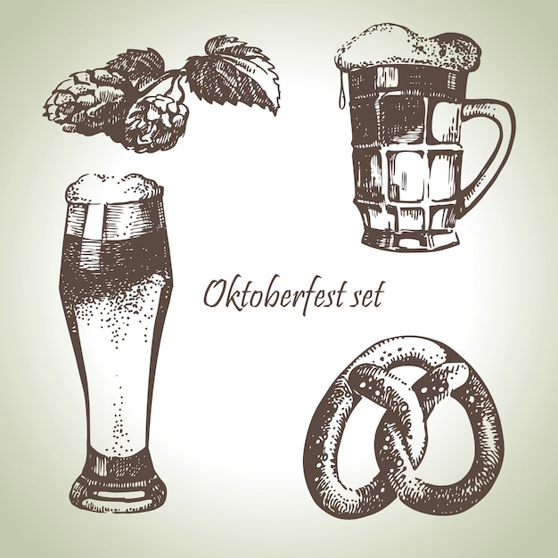Conjunto Oktoberfest de cerveza, lúpulo y pretzel. Ilustraciones dibujadas a mano