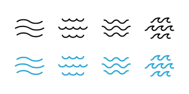 Conjunto de olas Ilustración vectorial de la superficie del agua Símbolo de curva de olas del mar Signo de flujo del río Lago