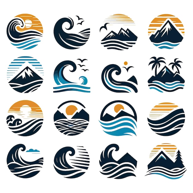 conjunto de olas marinas logotipo puesta de sol icono símbolos silueta clipart concepto de logotipo de puesta de sol
