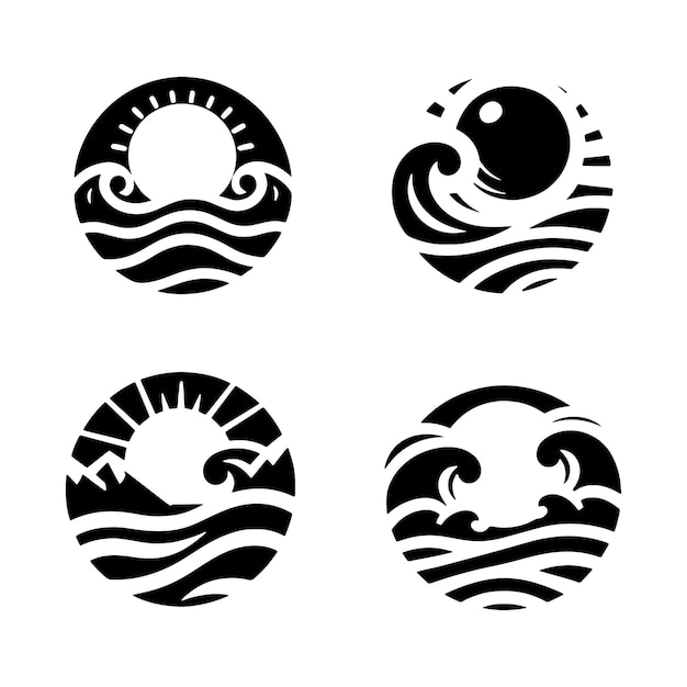 Conjunto de olas marinas logotipo puesta de sol icono símbolos silueta clipart concepto de logotipo de puesta de sol