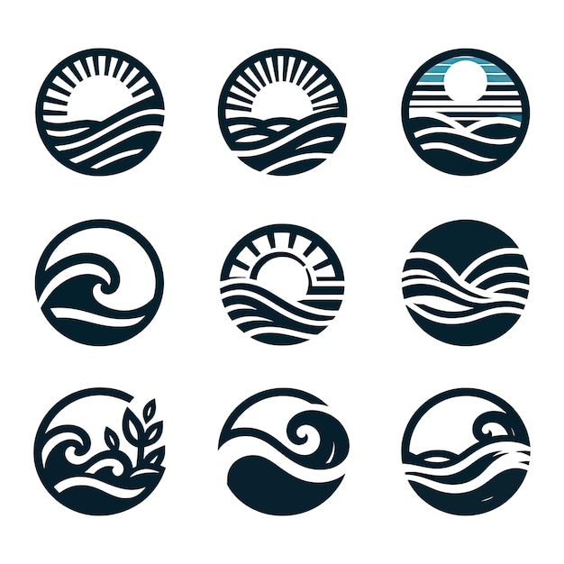 Vector conjunto de olas marinas logotipo puesta de sol icono símbolos silueta clipart concepto de logotipo de puesta de sol