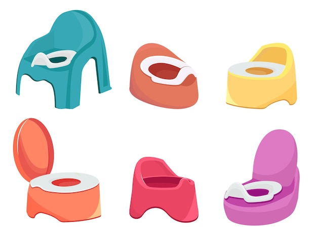 Conjunto de ollas infantiles de colores al estilo de dibujos animados Ilustración vectorial de diferentes formas y tamaños de ollas para niños una olla una silla anatómica con tapas aisladas sobre un fondo blanco