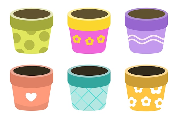 Conjunto de ollas vacías para plantas de interior de color pastel adecuado para pegatinas de clip art de diseño plano
