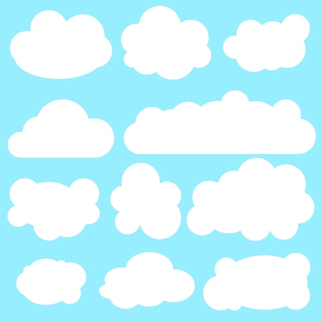 Conjunto de once nubes diferentes sobre un fondo azul