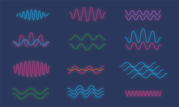 Vector conjunto de ondas de sonido brillante de neón colorido