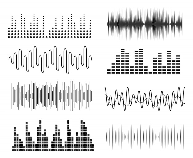 Vector conjunto de ondas de sonido de la música. tecnología de audio de pulsos musicales o gráficos sonoros. ecualizador de forma de onda de música
