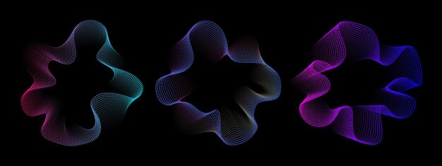 Un conjunto de ondas de sonido de neón multicolores líneas de puntos de sonido espectro radial ecualizadores de sonido coloridos