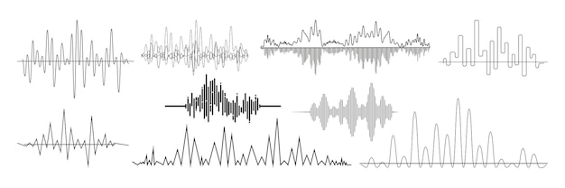 Conjunto de ondas de sonido realistas. Colección de señales de música de radio de diferentes frecuencias de audio. La ilustración de tecnologías de ecualizador digital y líneas pulsantes o grabación de voz supera la maqueta de vibraciones.