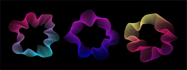 Un conjunto de ondas sonoras de neón multicolores Líneas de sonido ecualizadores de sonido de espectro radial Fondo de ecualizador de colores Marco ondulado geométrico circular Espectro radial vectorial