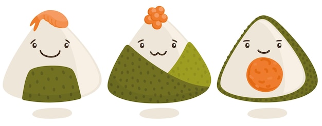 Conjunto de onigiri lindo Plato tradicional japonés de arroz envuelto en nori con relleno