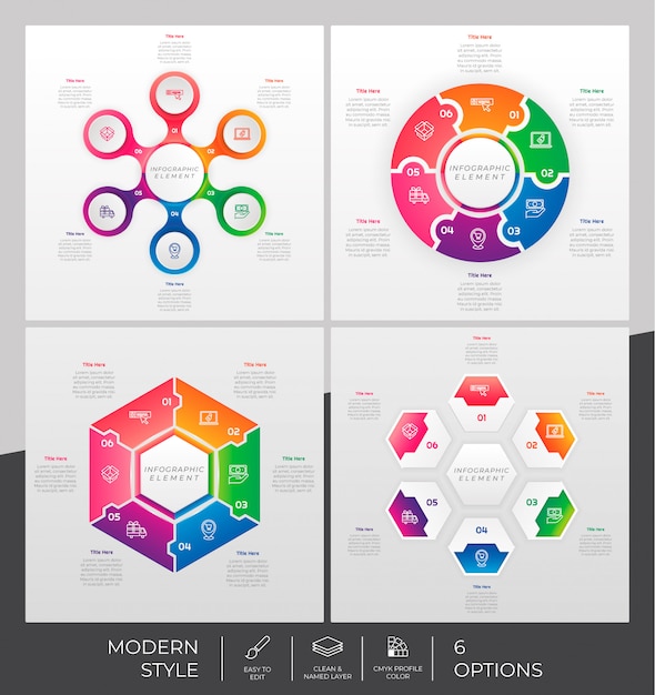 Conjunto de opciones de infografía con 6 opciones y estilo colorido para fines de presentación. la infografía de pasos modernos se puede utilizar para negocios y marketing