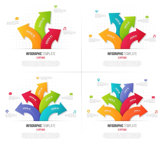 Conjunto de opciones de infografía con flechas circulares ramificadas.