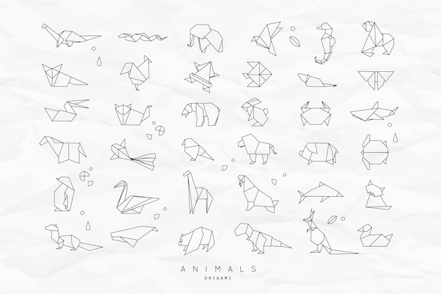 Vector conjunto de origami plano de animales arrugado