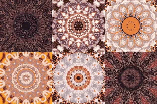 Conjunto de ornamento floral simétrico intrincado abstracto fantástico fractal mandala psicodélico