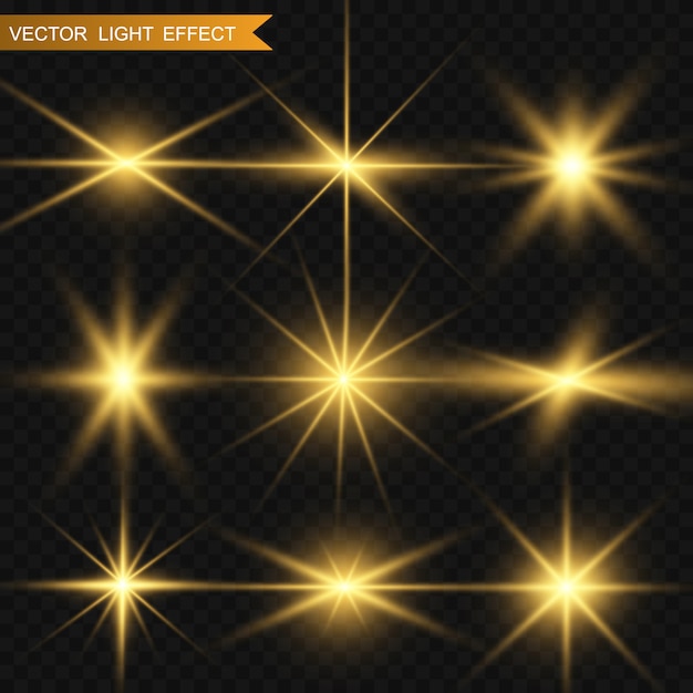 Conjunto de oro brillantes hermosas estrellas. Efecto de luz Bright Star.