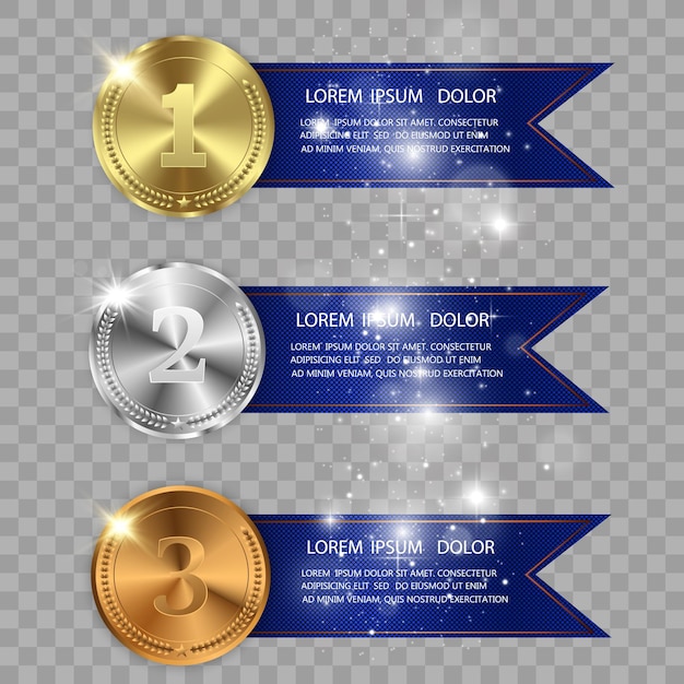 Conjunto de oro, bronce y plata. Medallas de premio aisladas sobre fondo transparente.