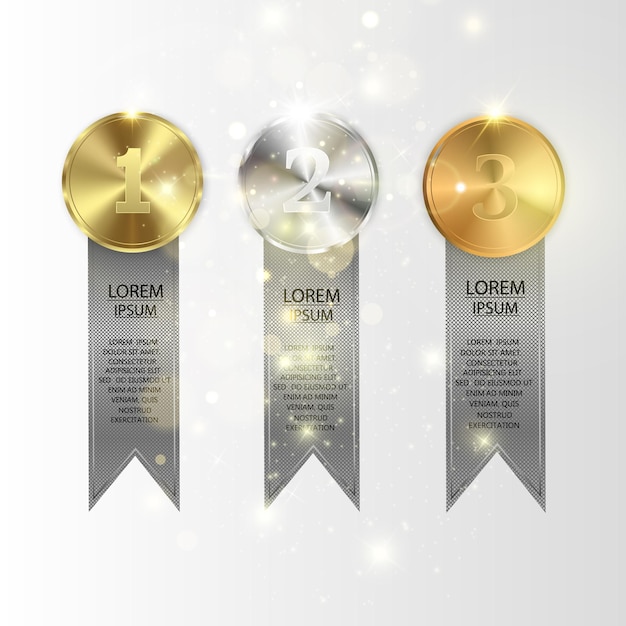 Conjunto de oro, bronce y plata. Medallas de premio aisladas sobre fondo transparente.