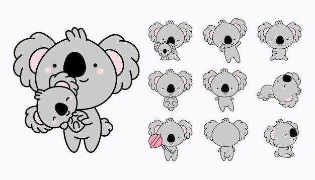 Conjunto de oso koala en un estilo de dibujos animados