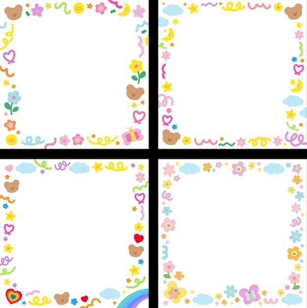 Conjunto de oso de peluche y marcos de elementos pastel lindos banner plantilla de anuncio de fondo de pantalla de publicación de redes sociales