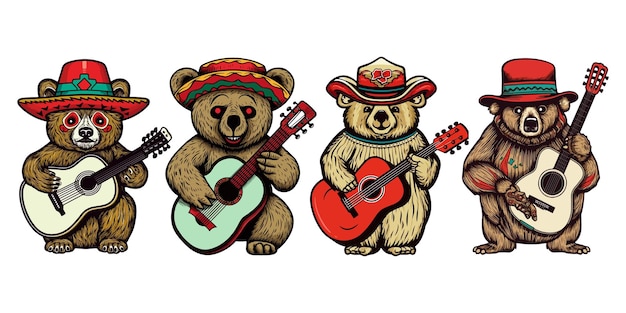 Conjunto de oso con un sombrero mexicano con una guitarra Clip art dibujos animados carácter vector ilustración