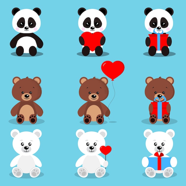 Conjunto de osos de vacaciones lindos aislados en pose sentada con regalos y corazones oso pardo, oso polar, panda.