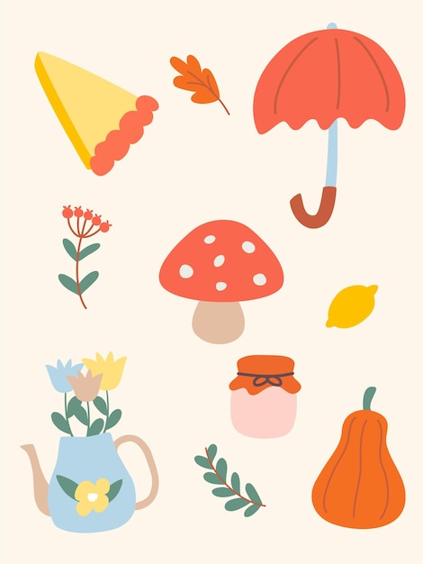 Conjunto de otoño acogedor con cosas de otoño e ilustración de vectores de alimentos