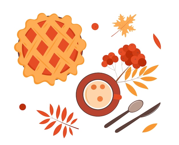 Conjunto de otoño de bayas de pastel de té deja ilustración vectorial del día de acción de gracias