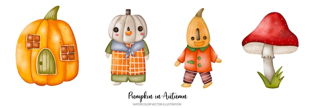 Conjunto de otoño de calabaza Temporada de otoño o otoño Acción de gracias acuarela Vector illustrationxDxA