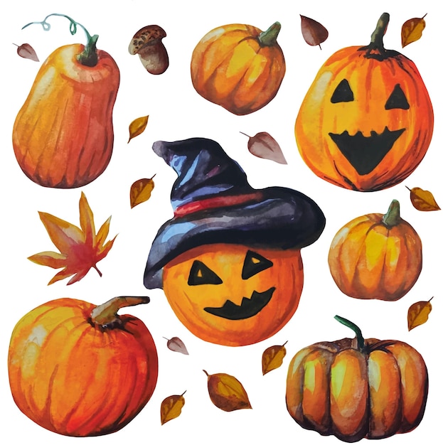 Conjunto de otoño con calabazas de halloween y hojas muertas ilustración acuarela