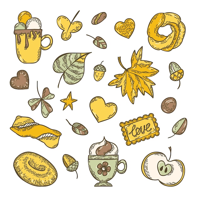 Conjunto de otoño Conjunto dibujado a mano de bocetos tazas de café hojas de manzana donas galletas bellotas y rollos